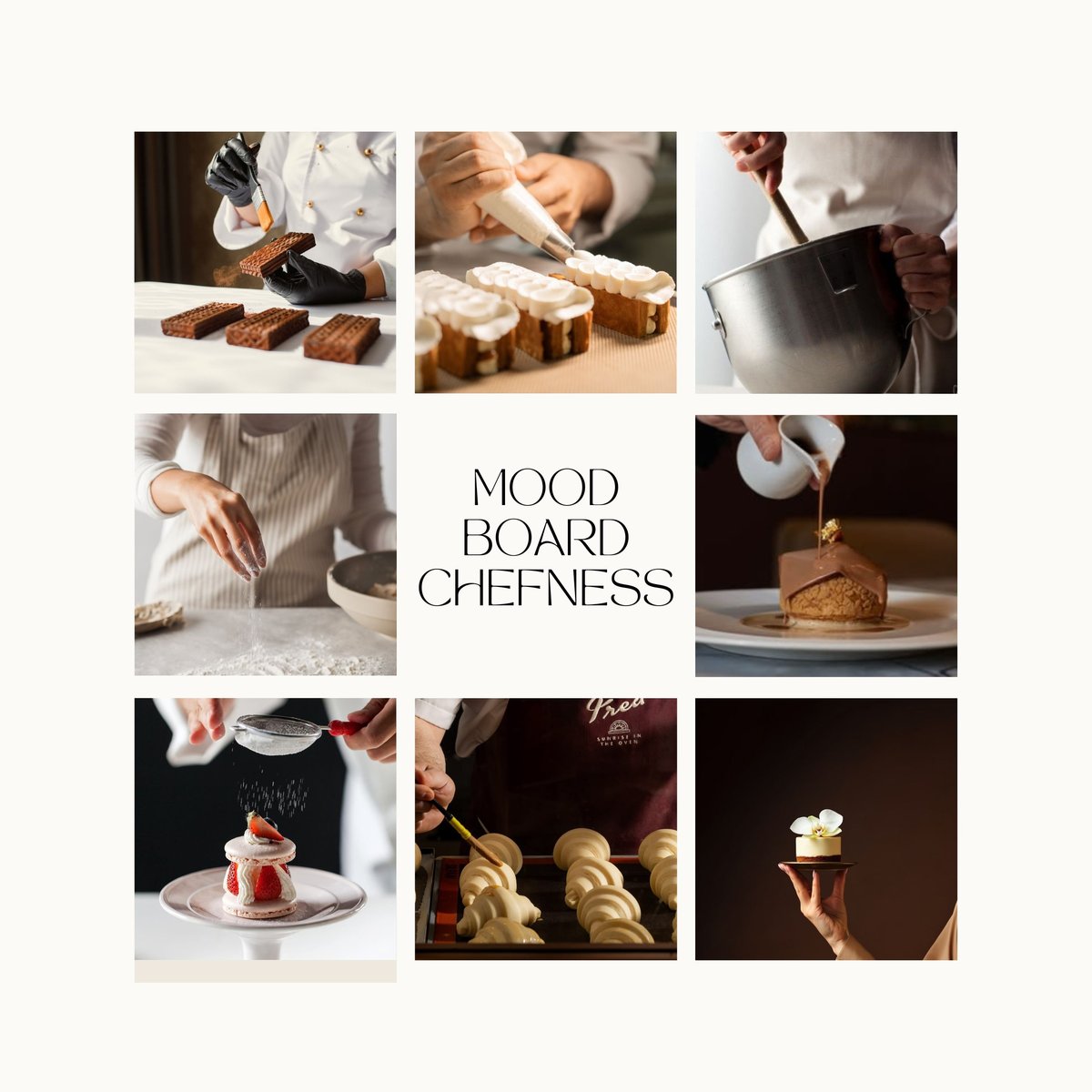 Mood board grid showcasing culinary styling with baking, plated desserts, pastries, and cooking techniques in warm tones