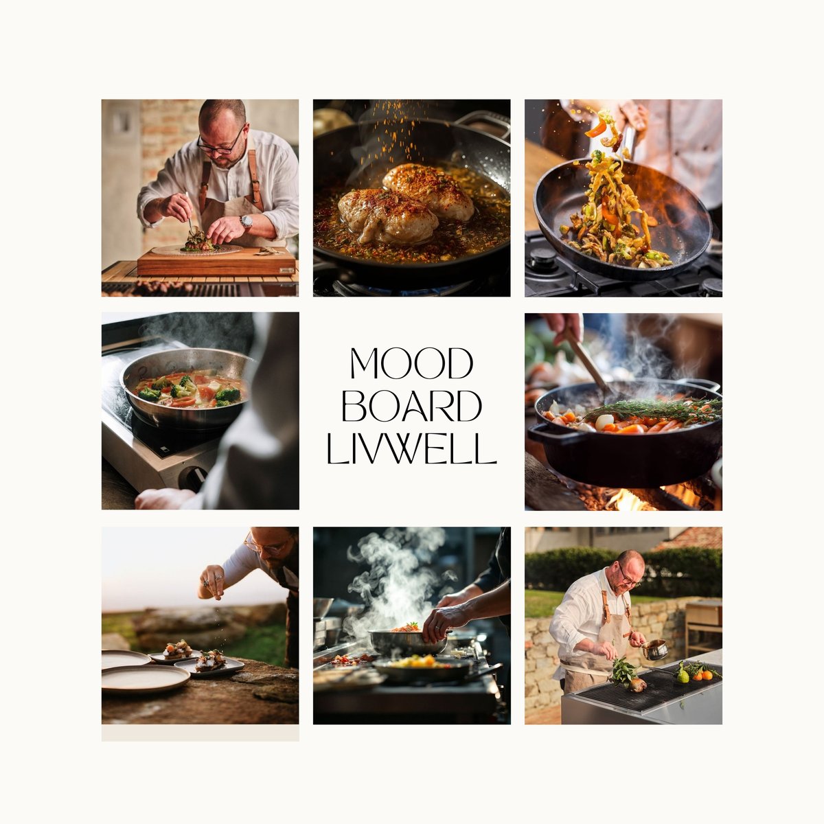 Mood board for Livwell showing various outdoor cooking and food preparation scenes with chefs and open flame cooking