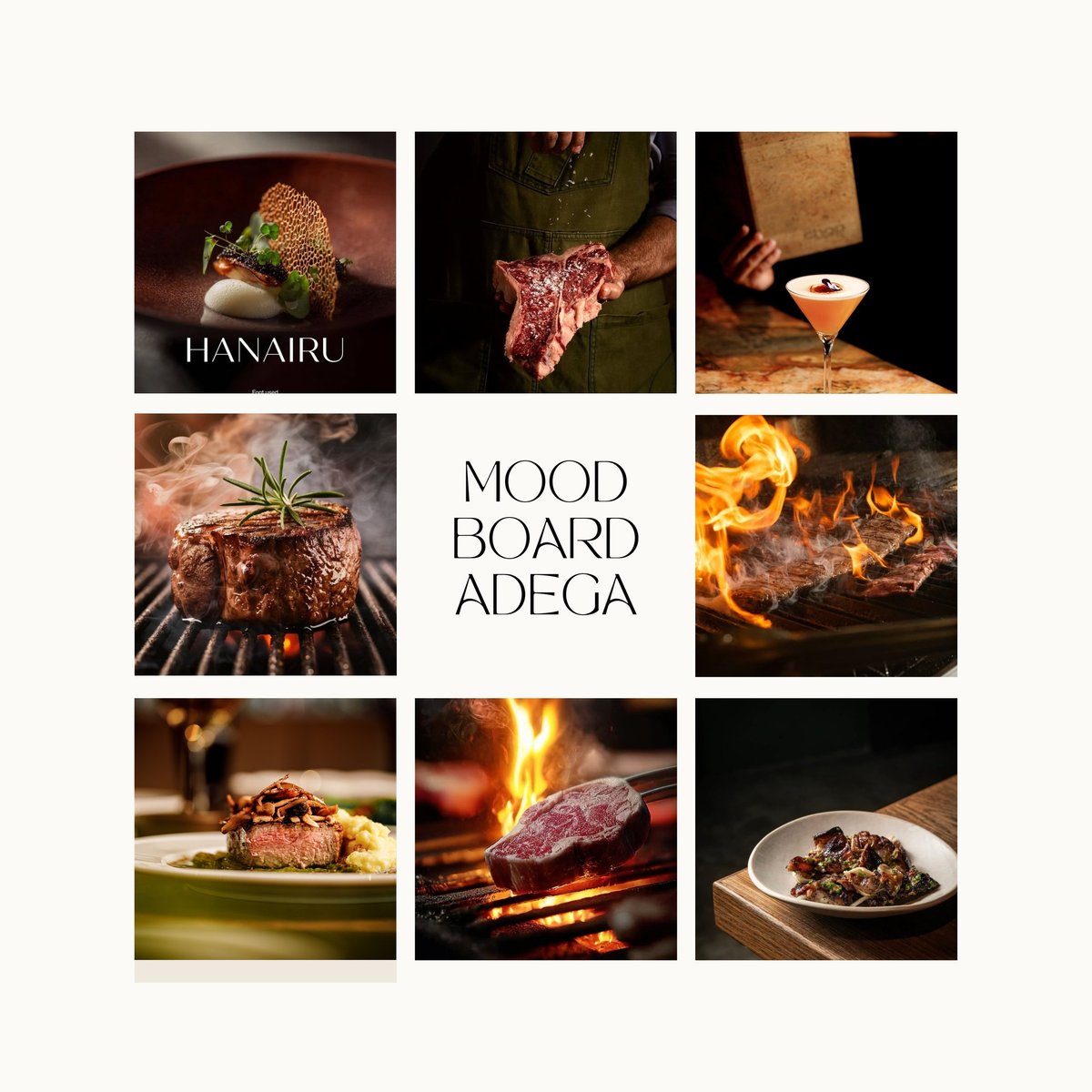 Mood board for Adega restaurant featuring fine dining images of grilled meats, steaks, and plated dishes with flames and garnishes