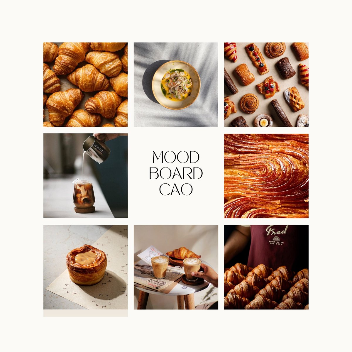 Mood board collage featuring various pastries, croissants, baked goods, and chocolate desserts arranged in a 3x3 grid with MOOD BOARD CAO text in center