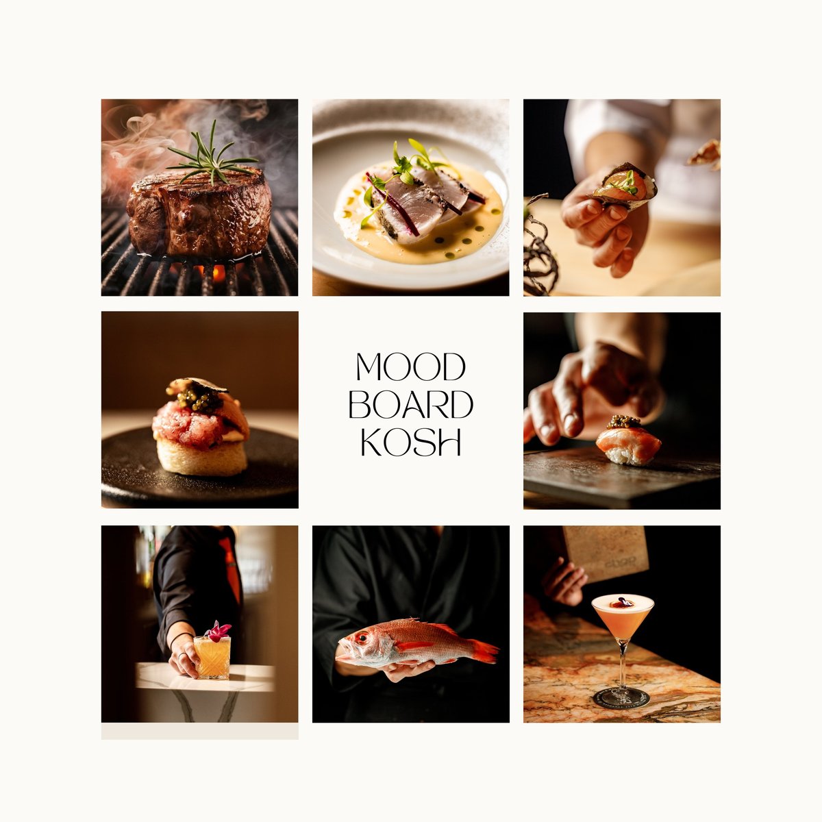 Moodboard Kosh: Fine dining collage featuring gourmet dishes, grilled meat, plated courses, fresh fish, and cocktails