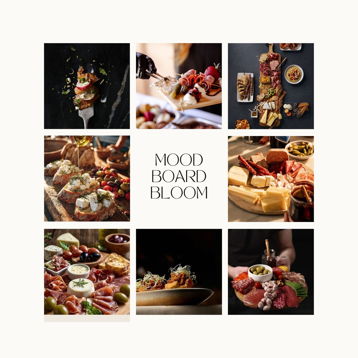Mood board collage featuring gourmet charcuterie, appetizers, and food photography with Mood Board Bloom text in center